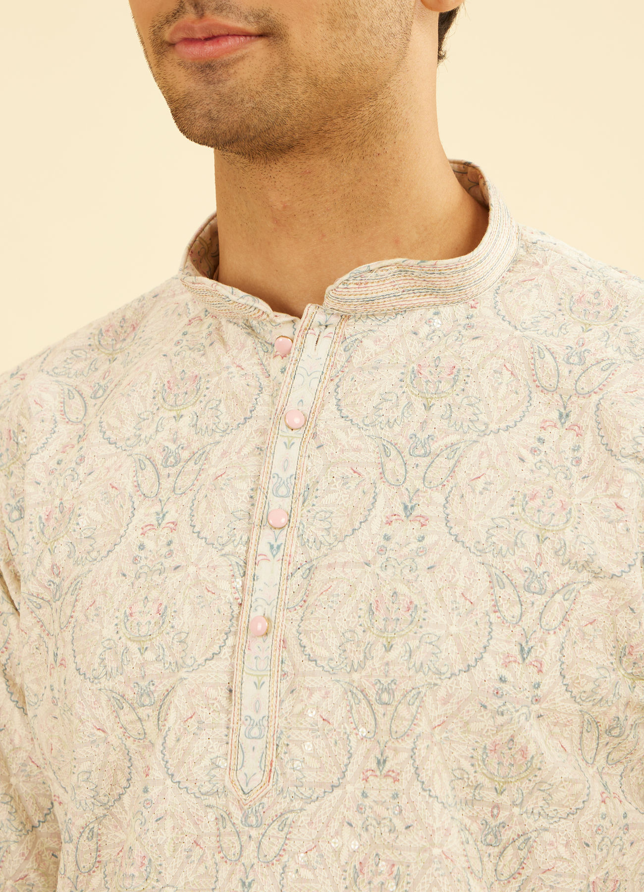 Manyavar Men Pista Green Paisley Embroidered Short Kurta with Sequin Work