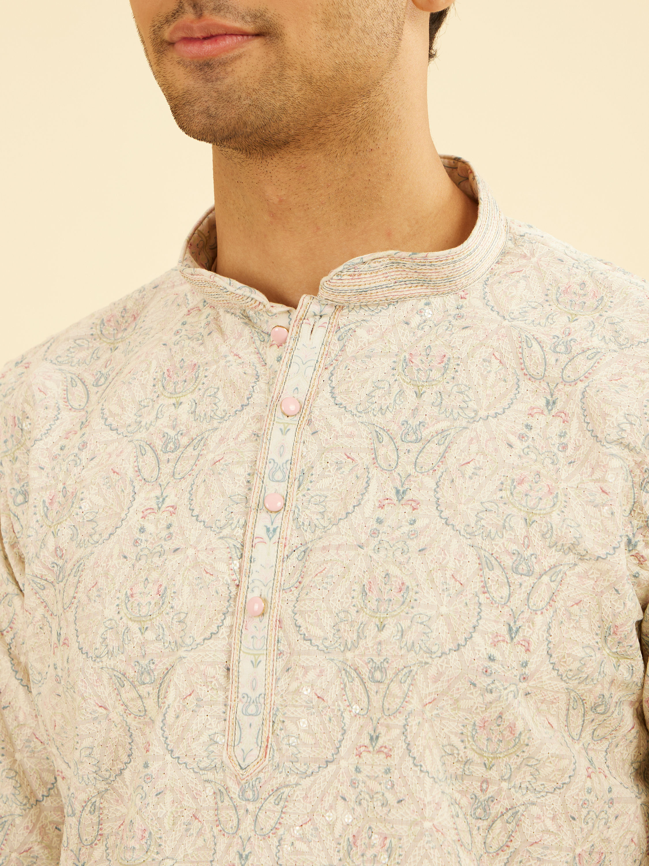 Manyavar Men Pista Green Paisley Embroidered Short Kurta with Sequin Work
