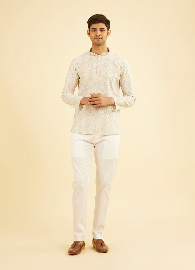 Manyavar Men Pista Green Paisley Embroidered Short Kurta with Sequin Work
