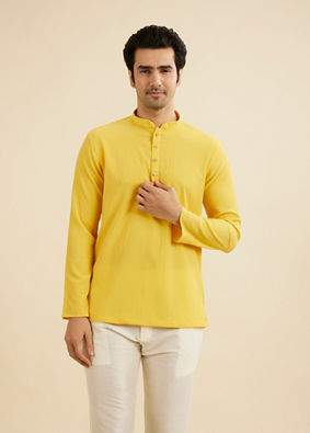 Manyavar Men Mustard Yellow Crushed Pattern Short Kurta