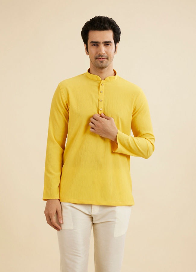 Manyavar Men Mustard Yellow Crushed Pattern Short Kurta