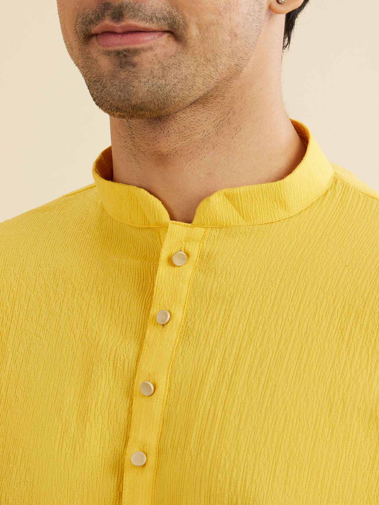 Manyavar Men Mustard Yellow Crushed Pattern Short Kurta