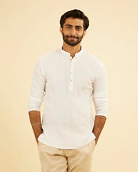 Manyavar Men Snow White Self Textured Short Kurta