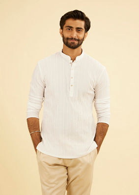 Manyavar Men Snow White Self Textured Short Kurta