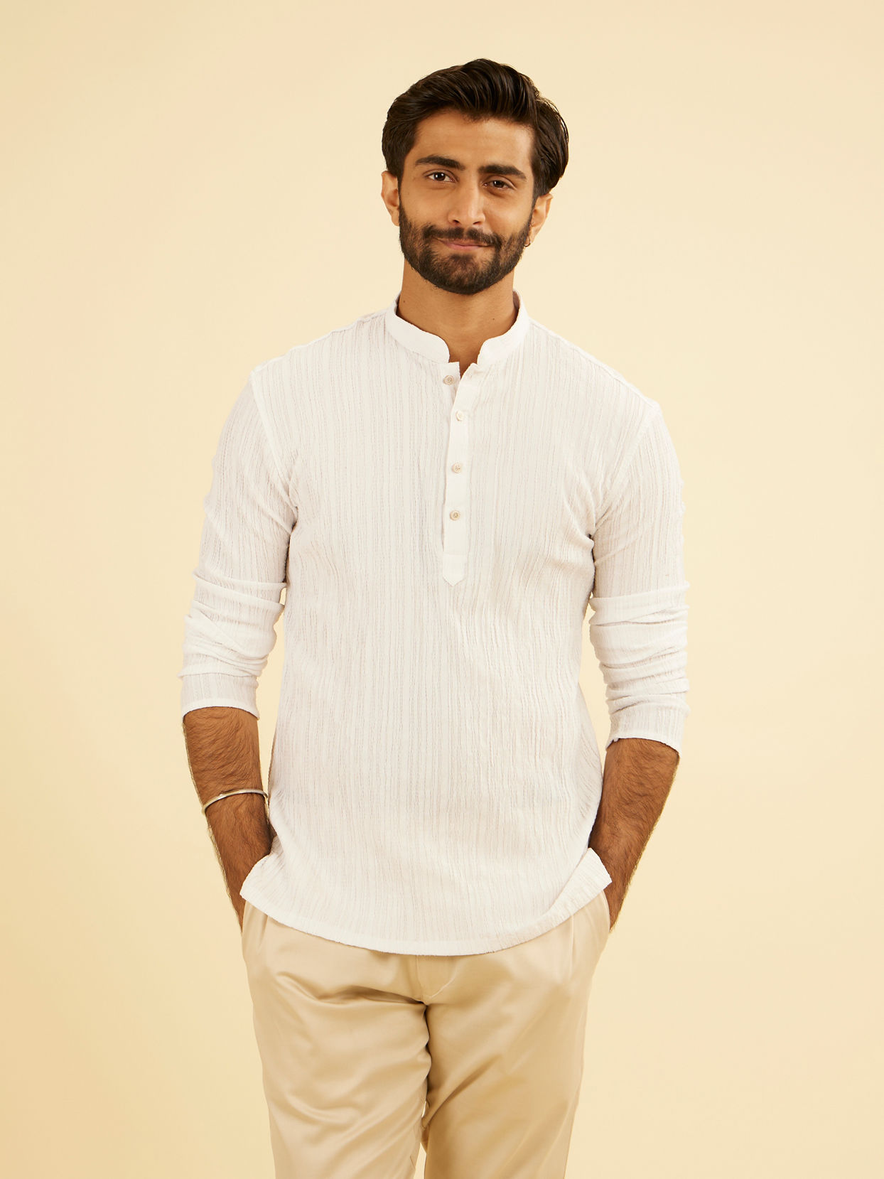 Manyavar Men Snow White Self Textured Short Kurta