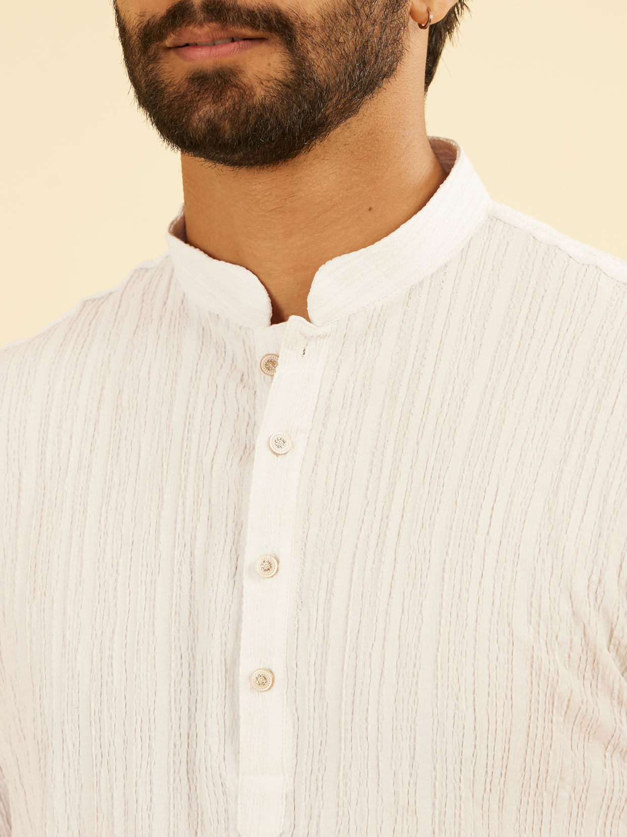 Manyavar Men Snow White Self Textured Short Kurta