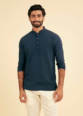 Manyavar Men Navy Blue Self Textured Short Kurta