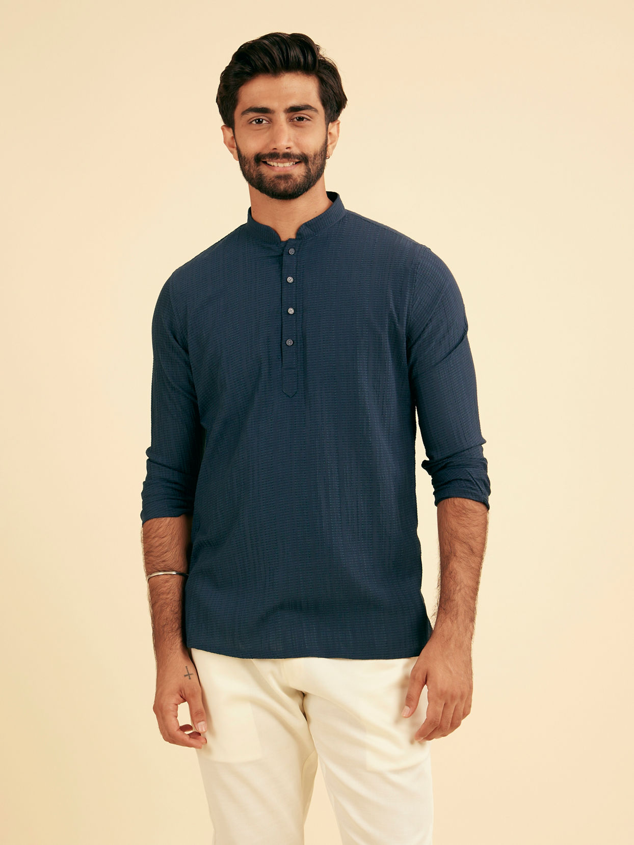 Manyavar Men Navy Blue Self Textured Short Kurta