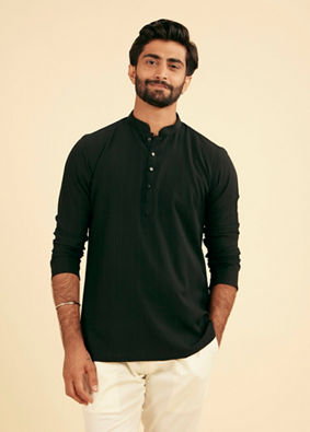 Manyavar Men Ebony Black Linear Patterned Short Kurta