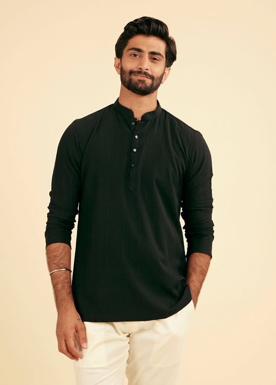 Manyavar Men Ebony Black Linear Patterned Short Kurta