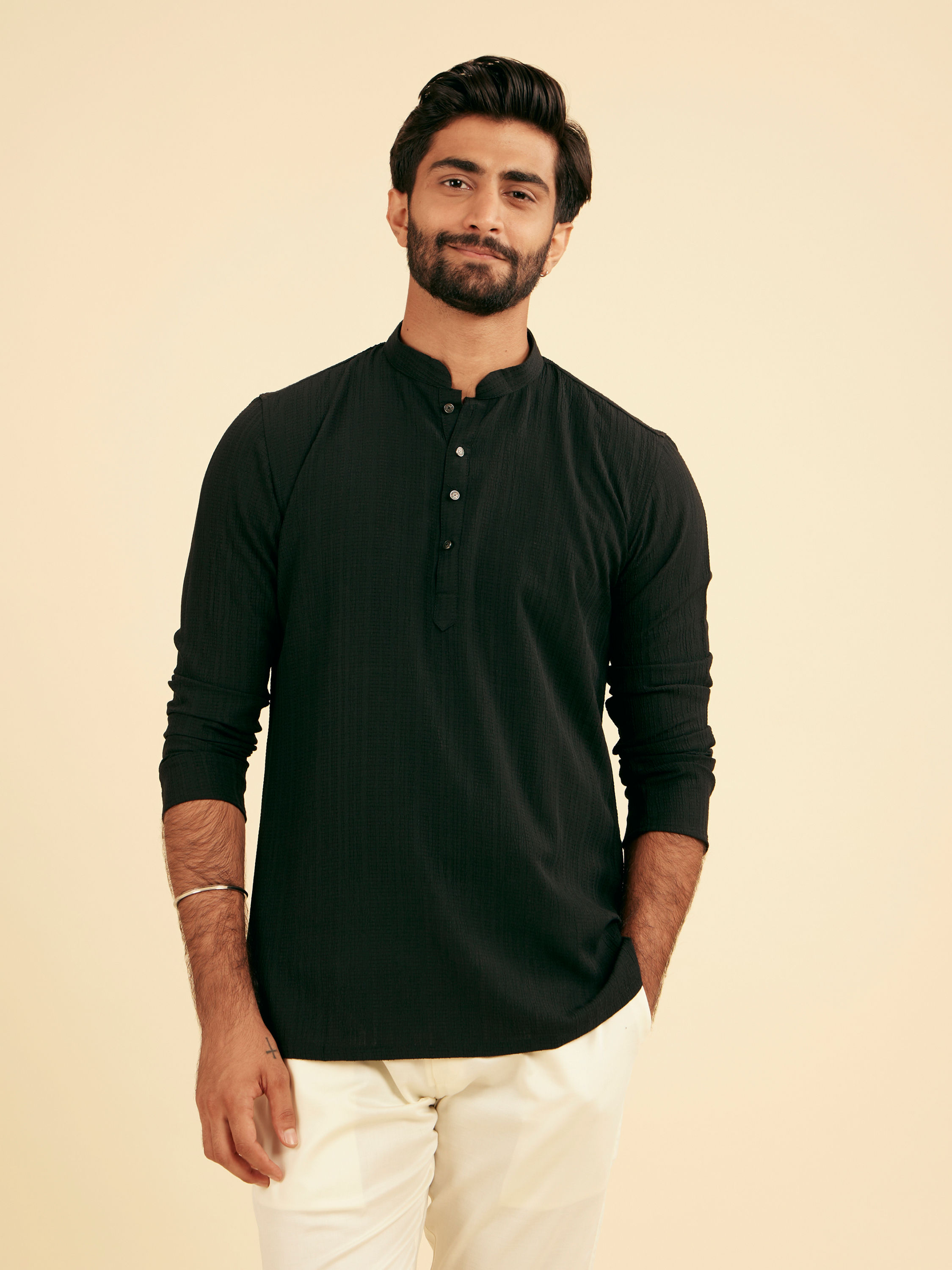 Manyavar Men Ebony Black Linear Patterned Short Kurta