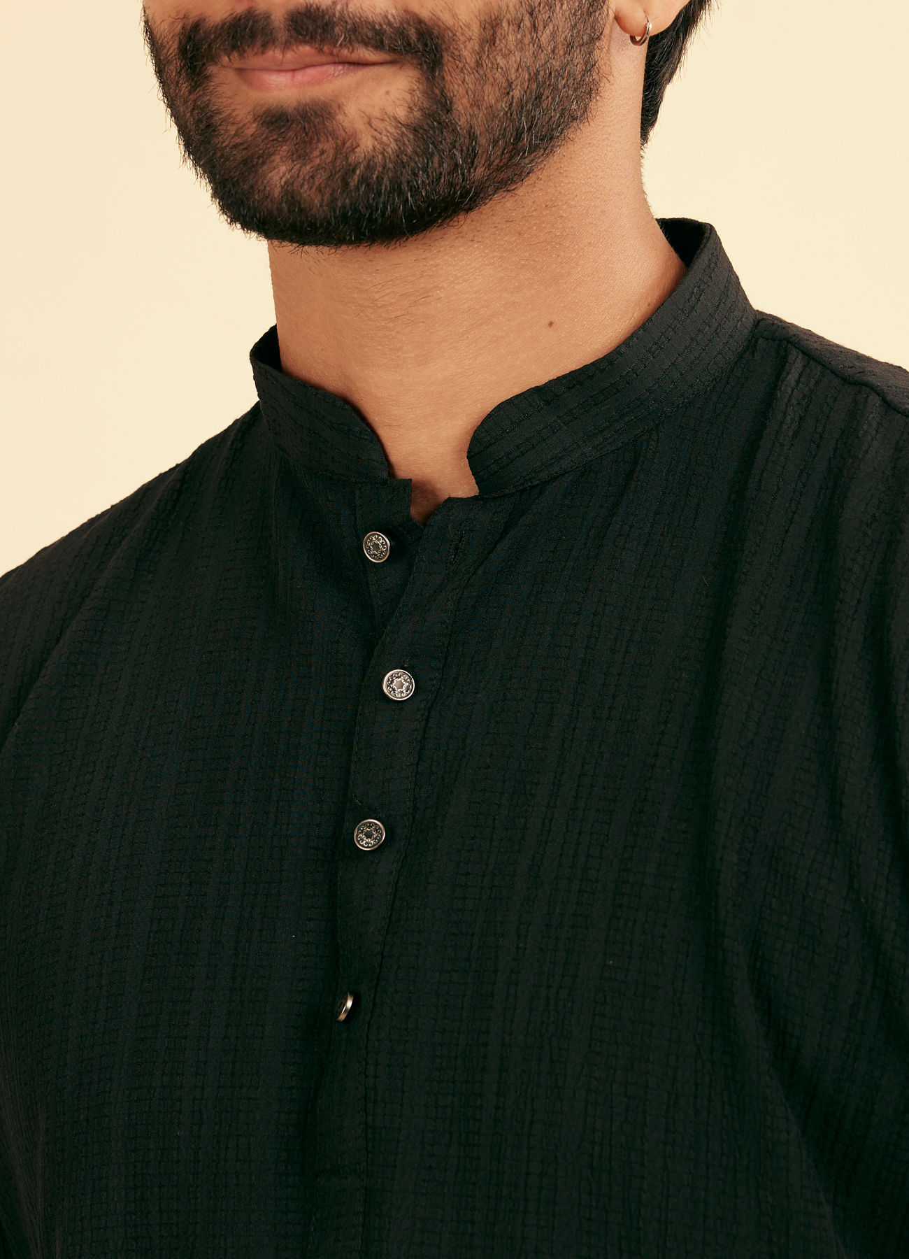 Manyavar Men Ebony Black Linear Patterned Short Kurta