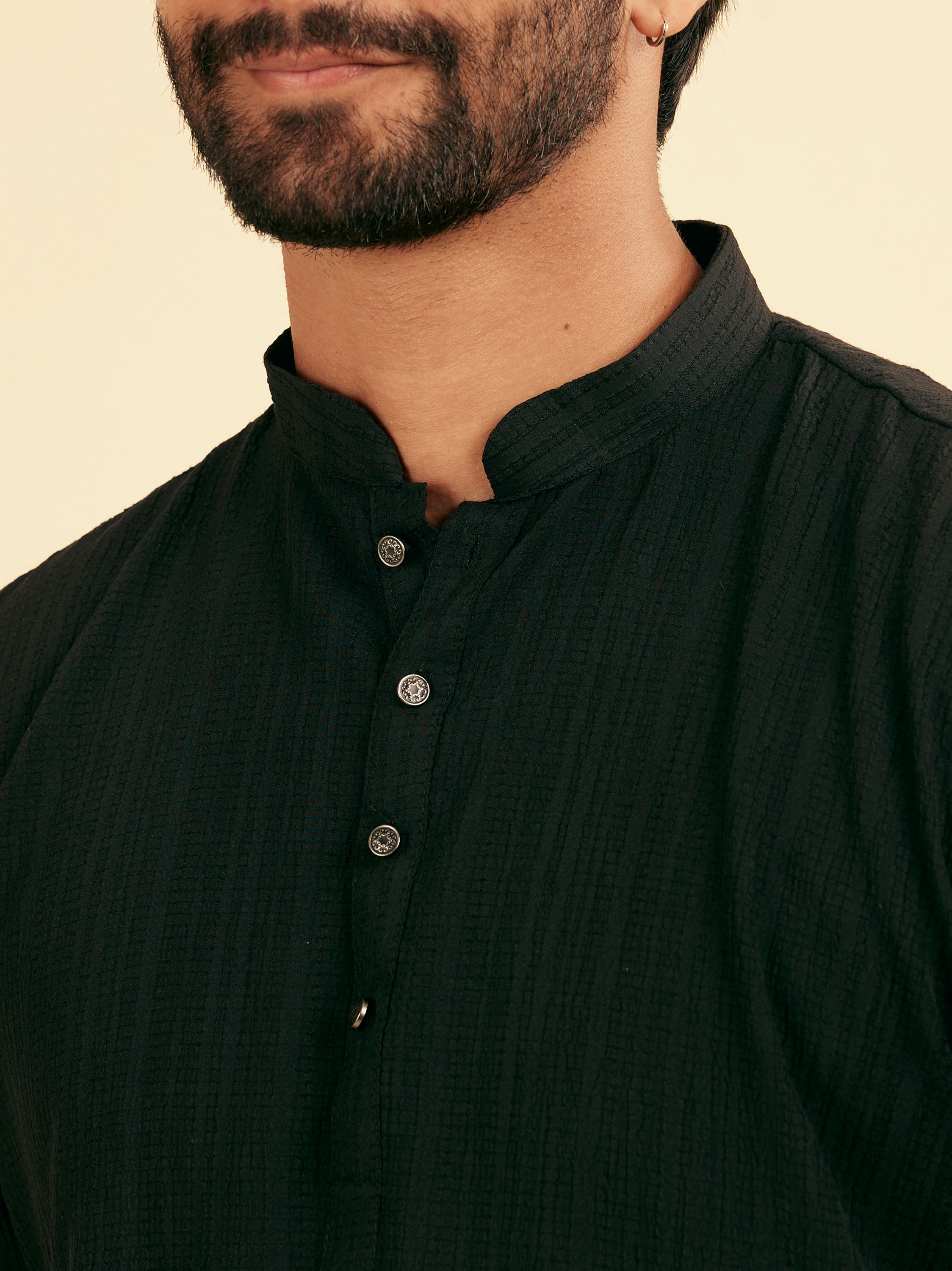 Manyavar Men Ebony Black Linear Patterned Short Kurta