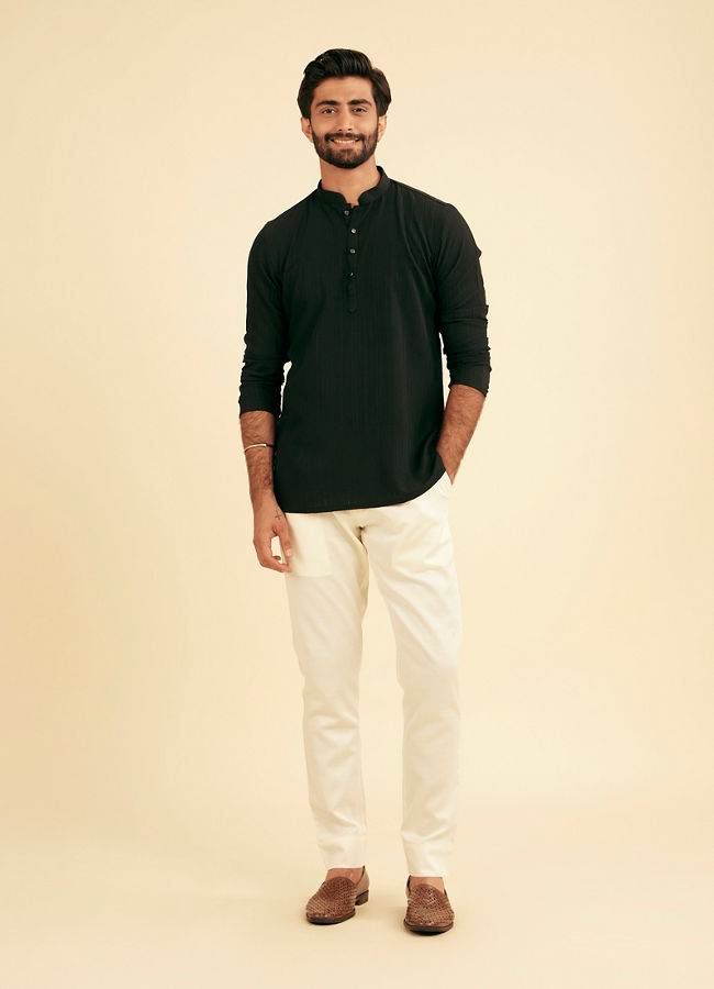 Manyavar Men Ebony Black Linear Patterned Short Kurta