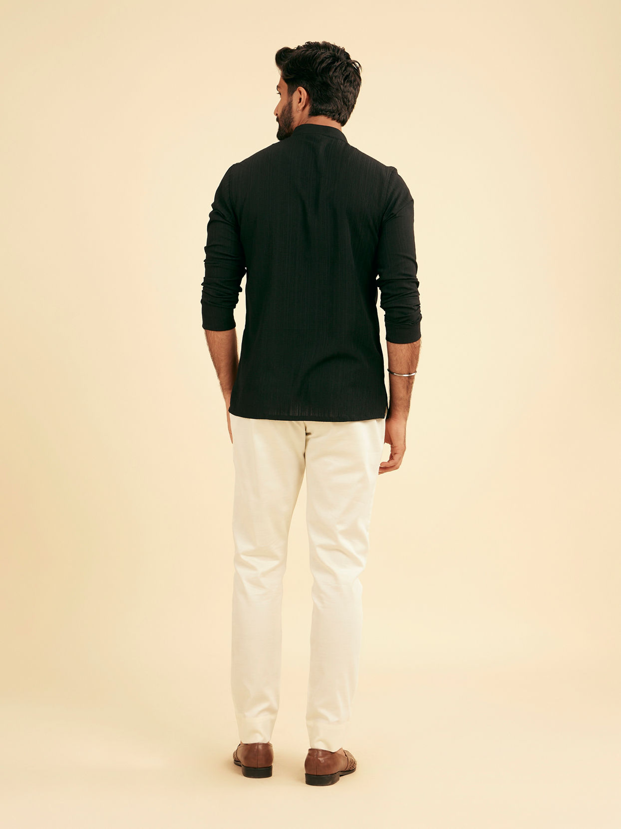 Manyavar Men Ebony Black Linear Patterned Short Kurta