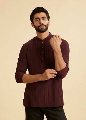 Manyavar Men Wine Red Self Textured Short Kurta