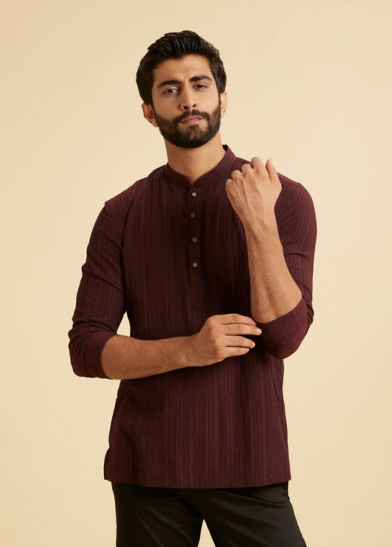 Manyavar Men Wine Red Self Textured Short Kurta