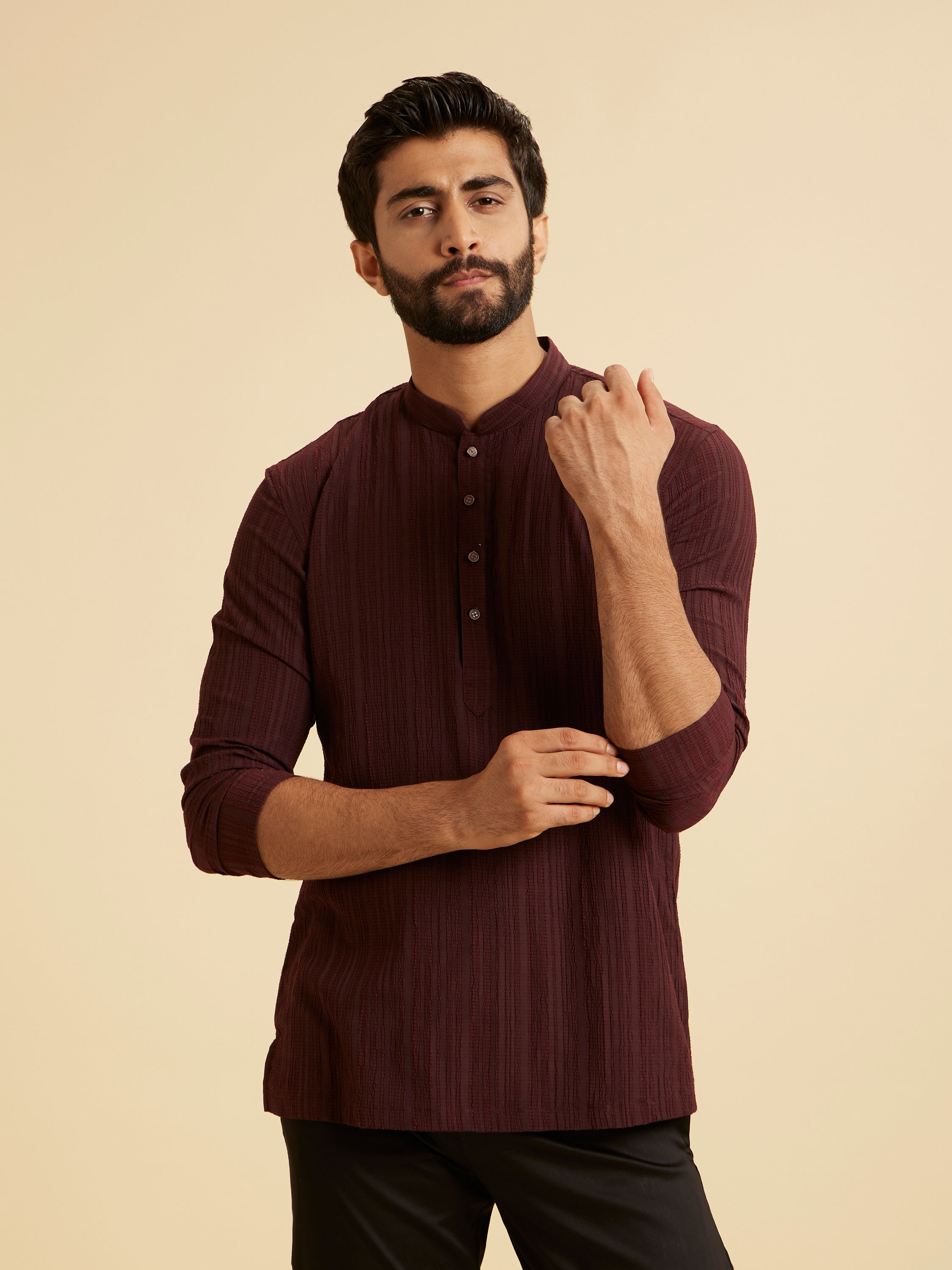 Manyavar Men Wine Red Self Textured Short Kurta