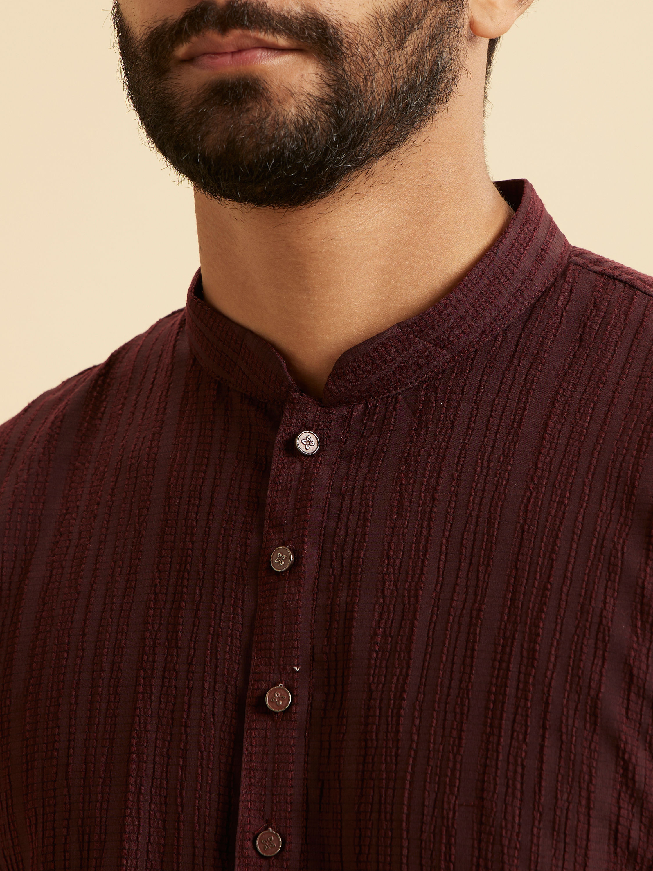 Manyavar Men Wine Red Self Textured Short Kurta