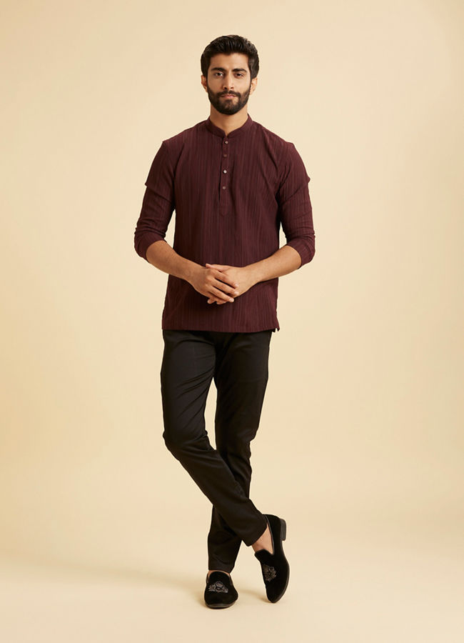Manyavar Men Wine Red Self Textured Short Kurta