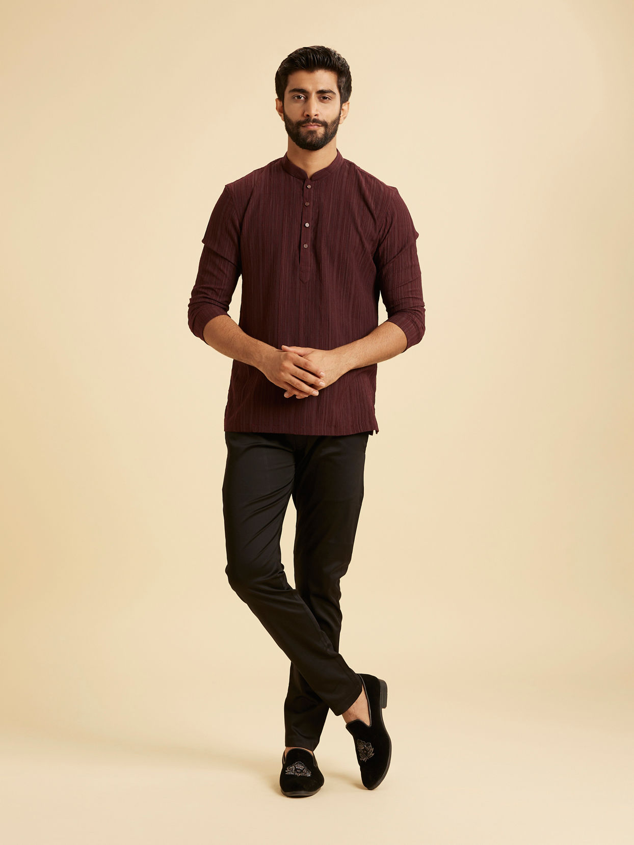 Manyavar Men Wine Red Self Textured Short Kurta