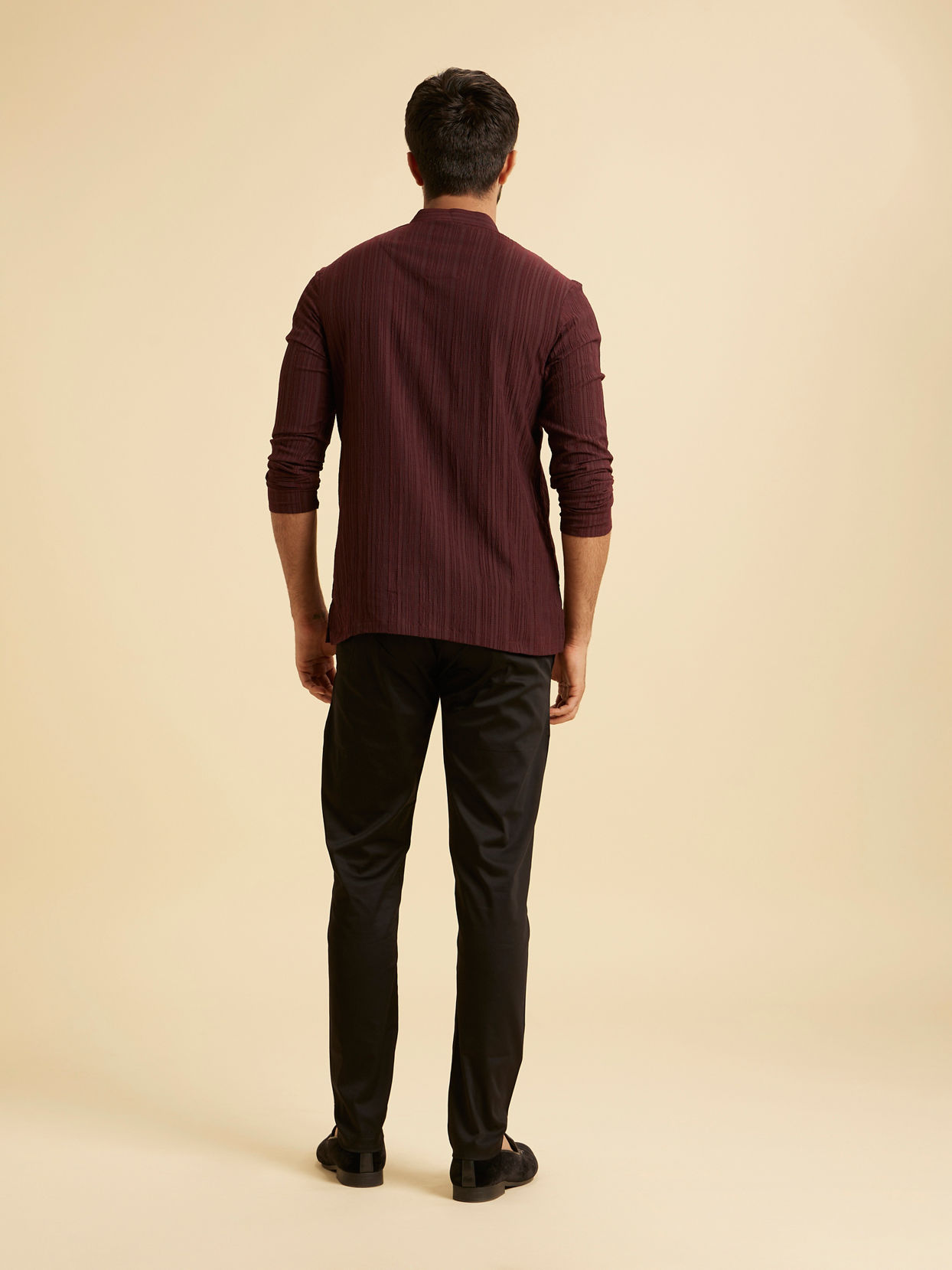 Manyavar Men Wine Red Self Textured Short Kurta