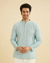Manyavar Men Aqua Green Buta Jaal Printed Short Kurta with Sequin Work