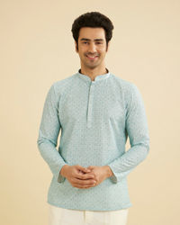 Manyavar Men Aqua Green Buta Jaal Printed Short Kurta with Sequin Work