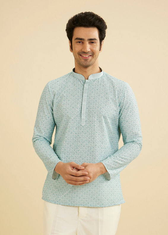 Manyavar Men Aqua Green Buta Jaal Printed Short Kurta with Sequin Work