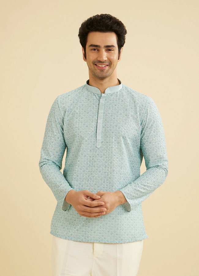Manyavar Men Aqua Green Buta Jaal Printed Short Kurta with Sequin Work