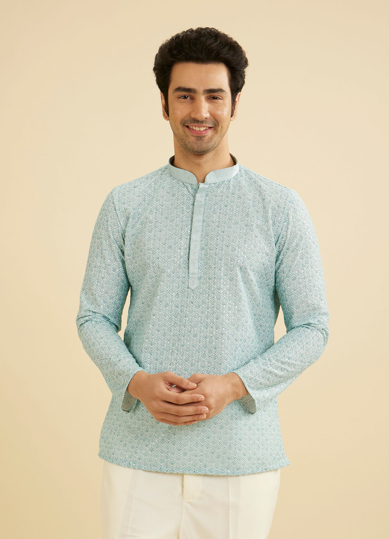 Manyavar Men Aqua Green Buta Jaal Printed Short Kurta with Sequin Work