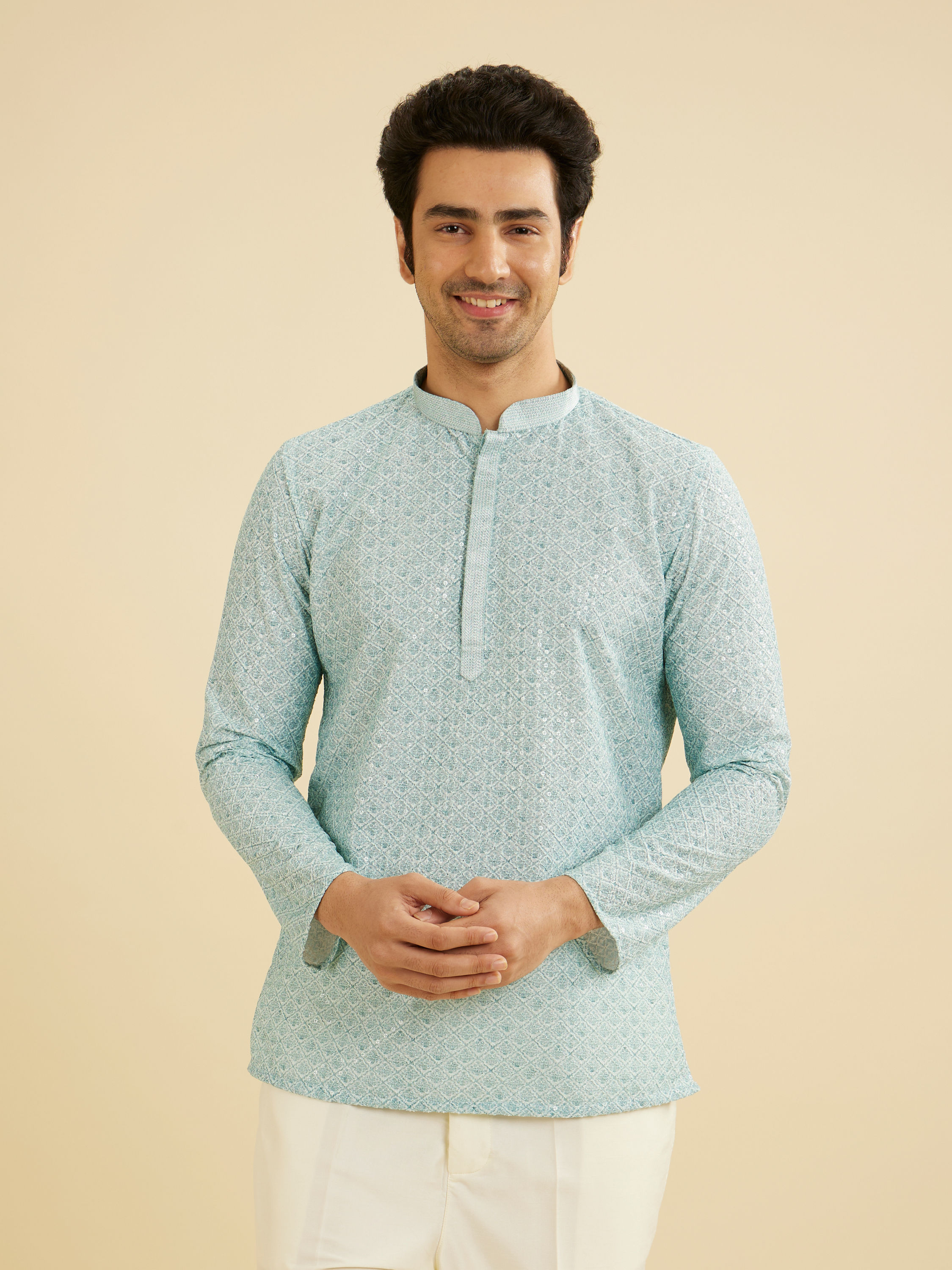 Manyavar Men Aqua Green Buta Jaal Printed Short Kurta with Sequin Work