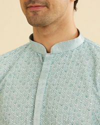 Manyavar Men Aqua Green Buta Jaal Printed Short Kurta with Sequin Work