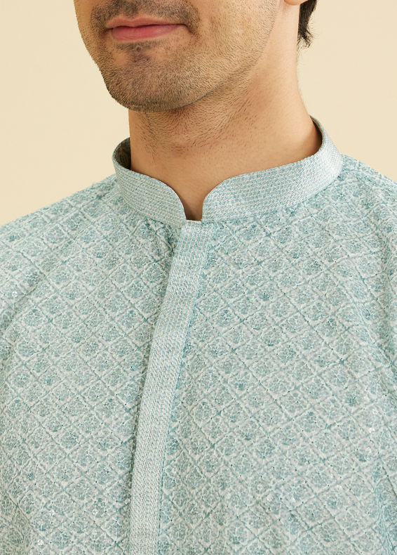 Manyavar Men Aqua Green Buta Jaal Printed Short Kurta with Sequin Work