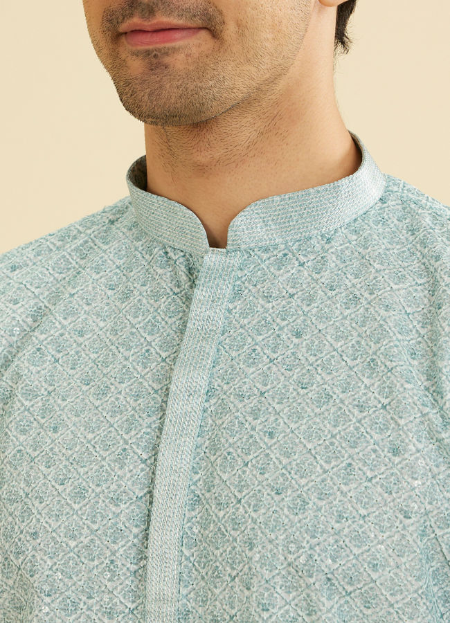 Manyavar Men Aqua Green Buta Jaal Printed Short Kurta with Sequin Work