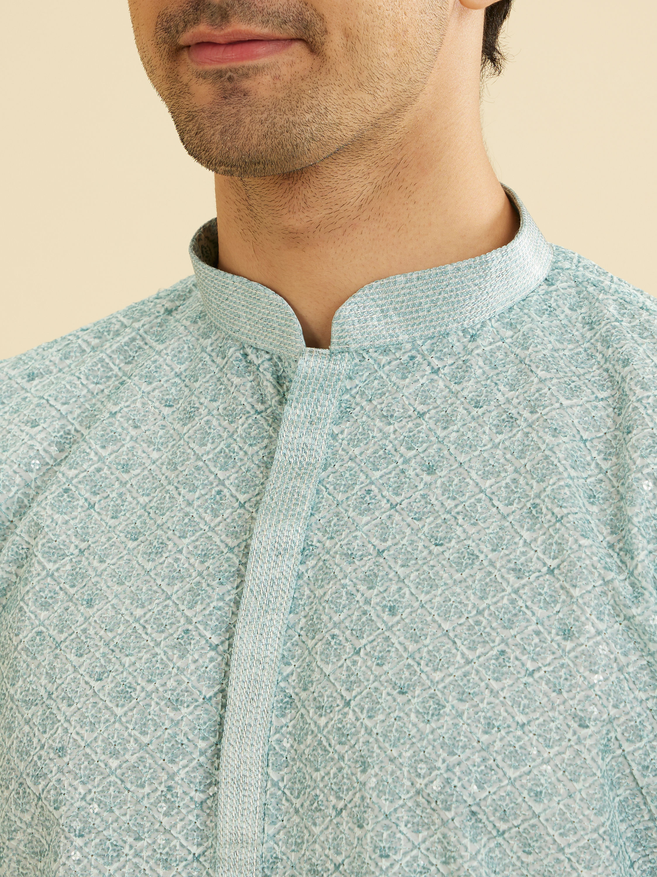 Manyavar Men Aqua Green Buta Jaal Printed Short Kurta with Sequin Work