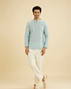 Manyavar Men Aqua Green Buta Jaal Printed Short Kurta with Sequin Work
