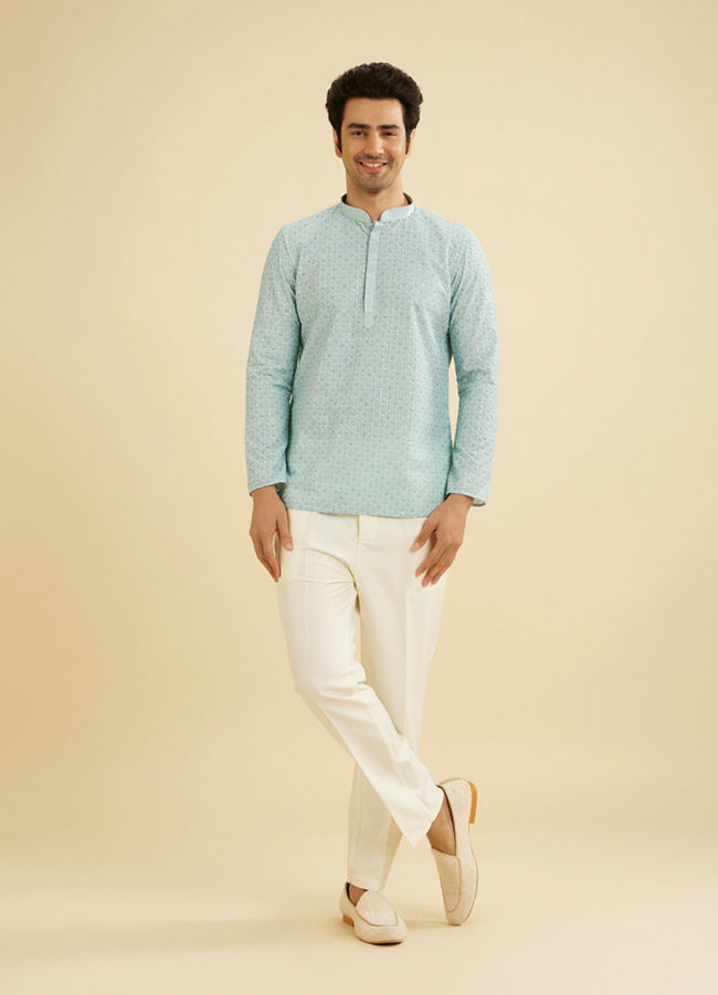 Manyavar Men Aqua Green Buta Jaal Printed Short Kurta with Sequin Work