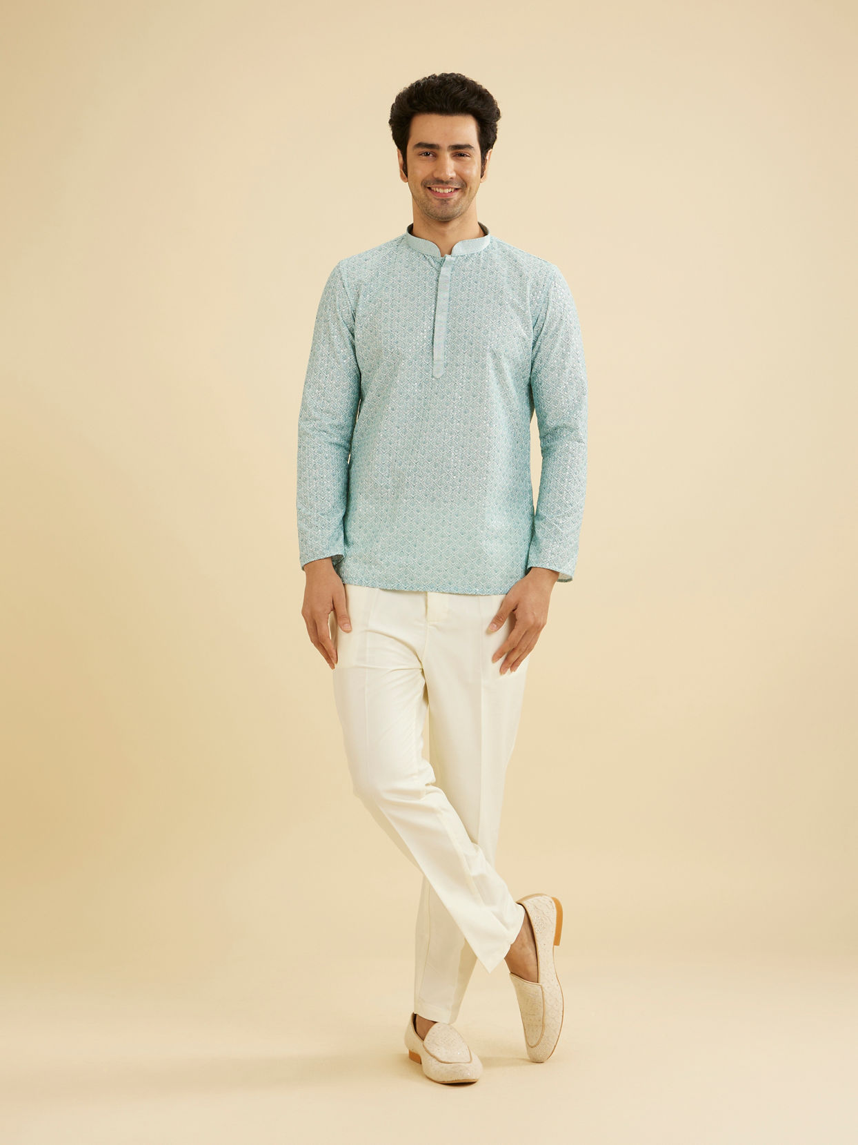 Manyavar Men Aqua Green Buta Jaal Printed Short Kurta with Sequin Work