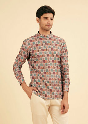 Manyavar Men Soft Beige Imperial Darbar Printed Short Kurta