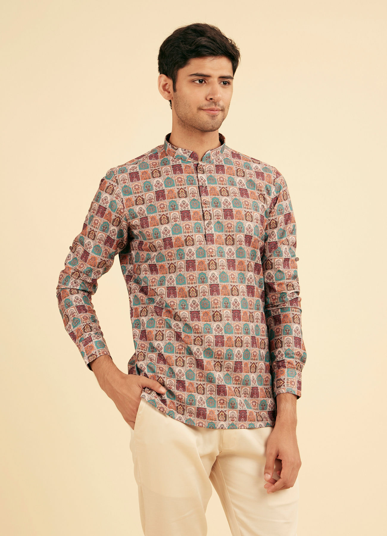 Manyavar Men Soft Beige Imperial Darbar Printed Short Kurta