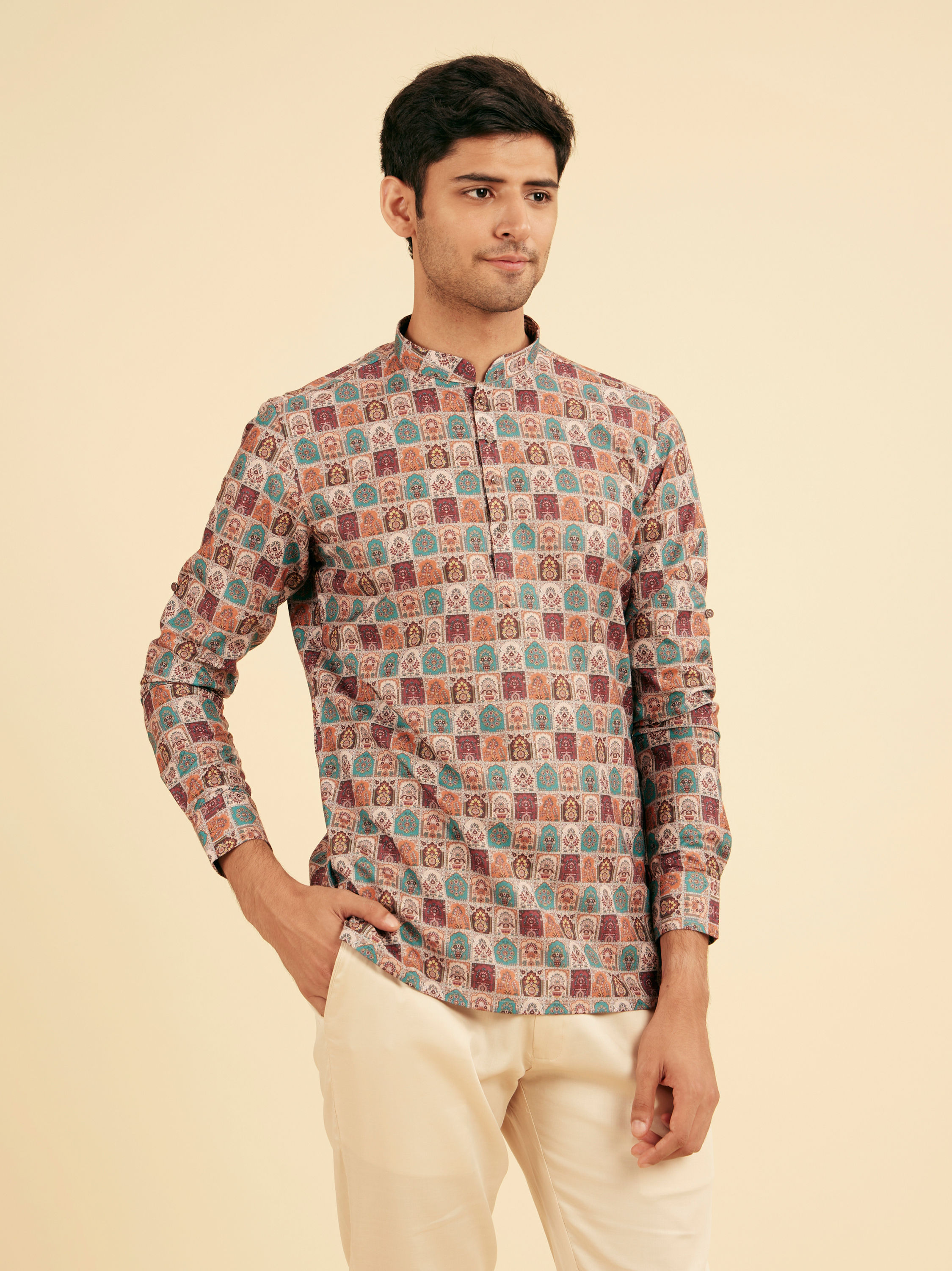 Manyavar Men Soft Beige Imperial Darbar Printed Short Kurta