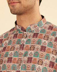 Manyavar Men Soft Beige Imperial Darbar Printed Short Kurta