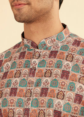 Manyavar Men Soft Beige Imperial Darbar Printed Short Kurta