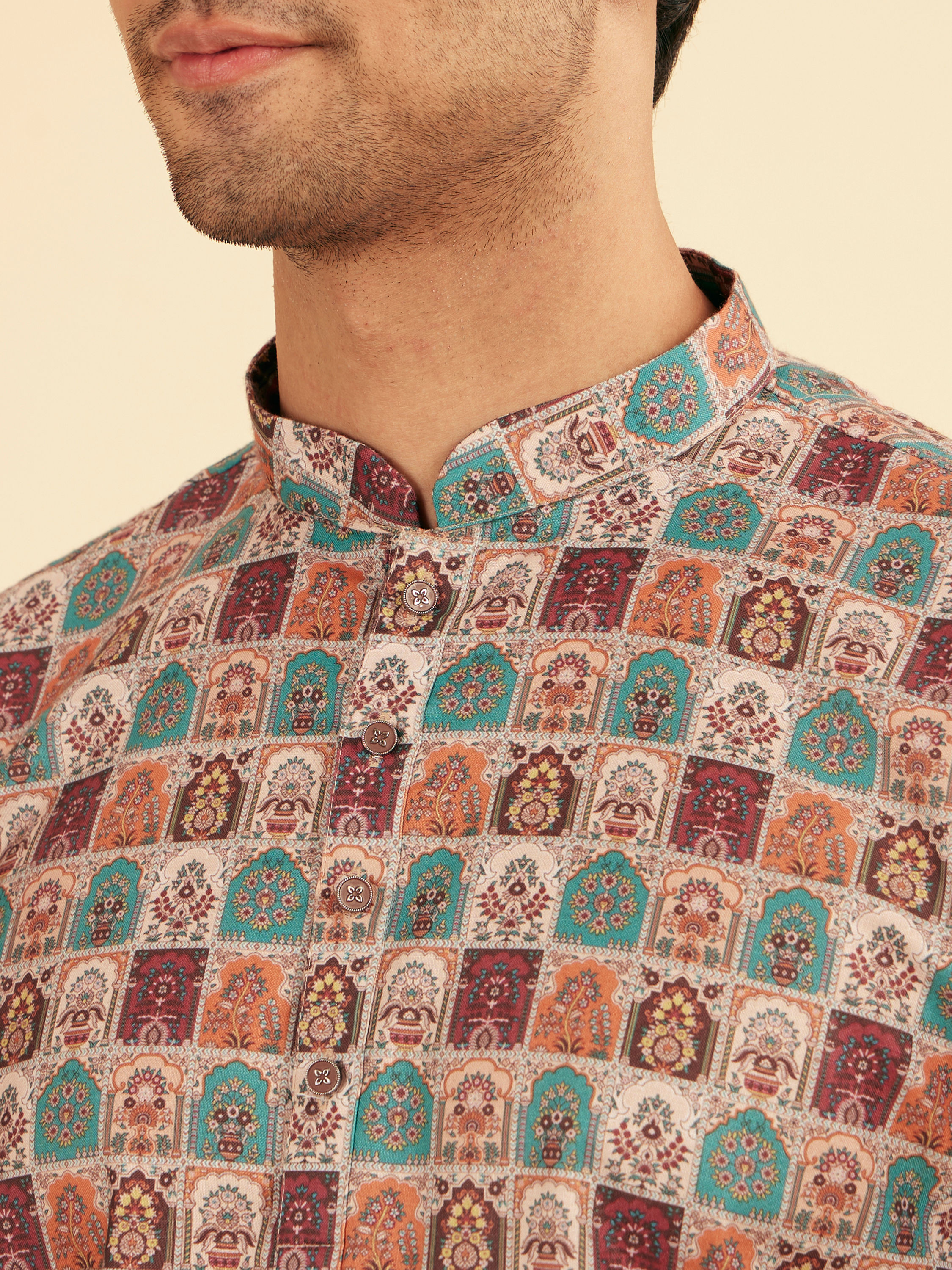 Manyavar Men Soft Beige Imperial Darbar Printed Short Kurta