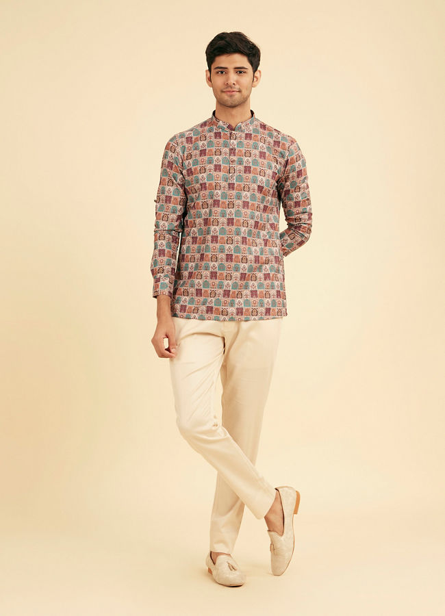 Manyavar Men Soft Beige Imperial Darbar Printed Short Kurta