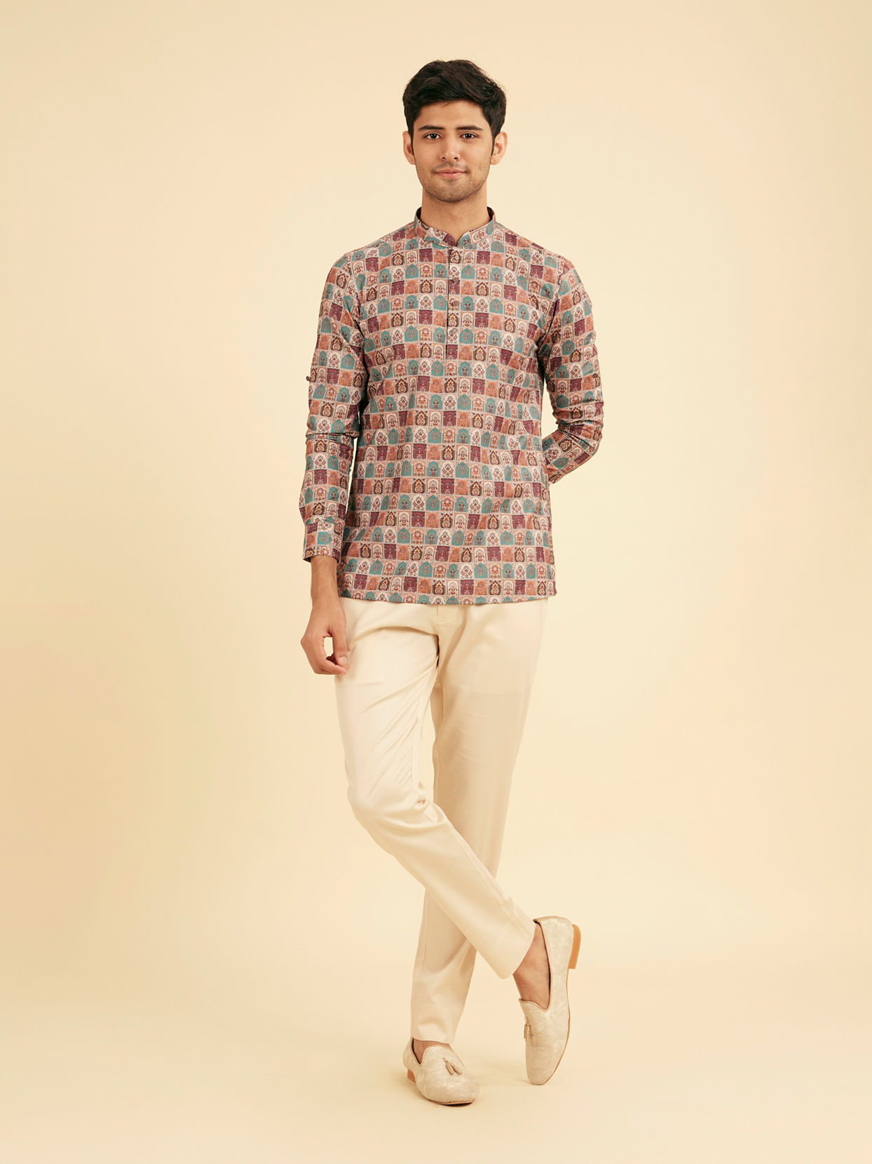 Manyavar Men Soft Beige Imperial Darbar Printed Short Kurta
