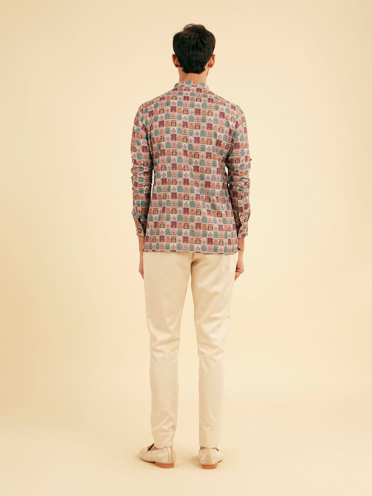 Manyavar Men Soft Beige Imperial Darbar Printed Short Kurta