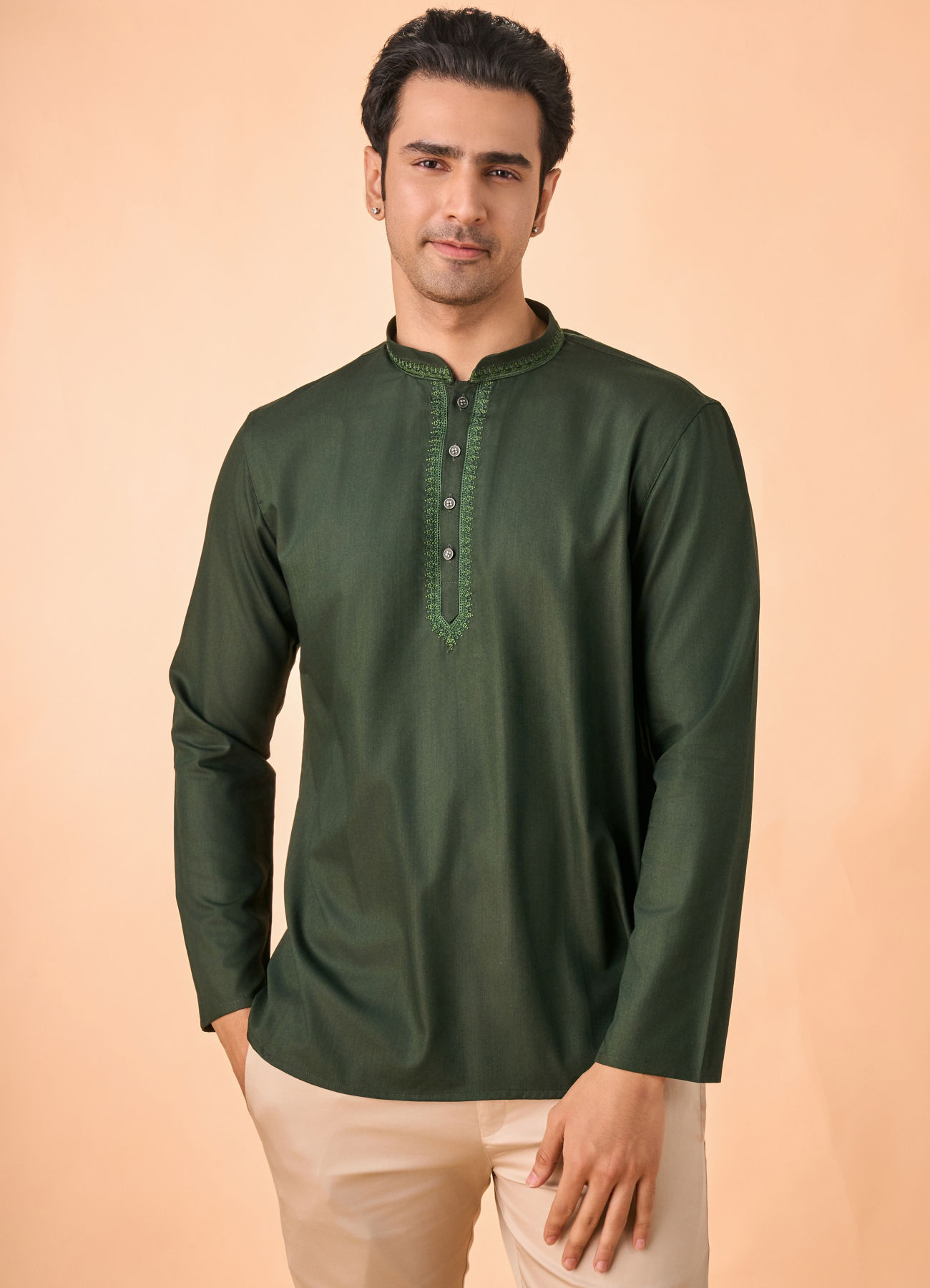Manyavar Men Enchanting Dark Green Short Kurta