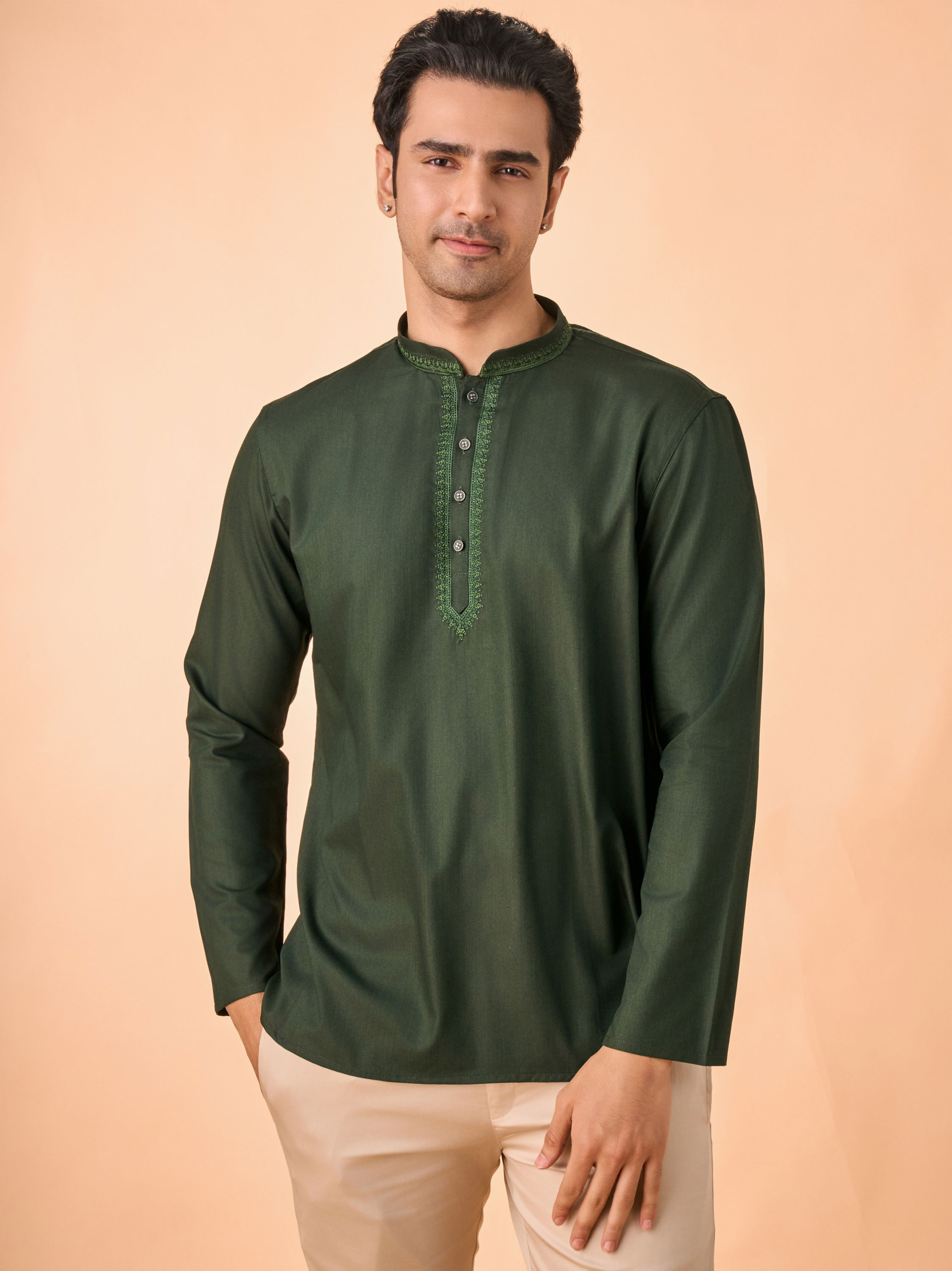 Manyavar Men Enchanting Dark Green Short Kurta